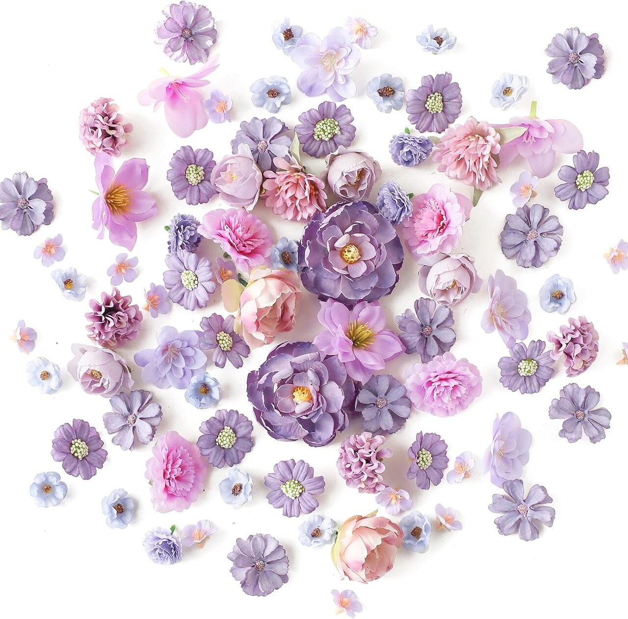 80 PCS Mini Artificial Flower Heads – Mixed Faux Silk Peony, Daisy & Rose Flowers for DIY Crafts, Cake & Party Decorations